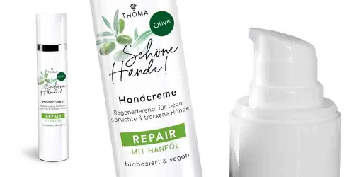 Eine Flasche der Handcreme Schöne Hände Olive von THOMA mit der Kennzeichnung Repair mit Hanföl Die Creme ist biobasiert und vegan wirkt regenerierend und ist ideal für beanspruchte und trockene Hände Nahaufnahme des Pumpspenders